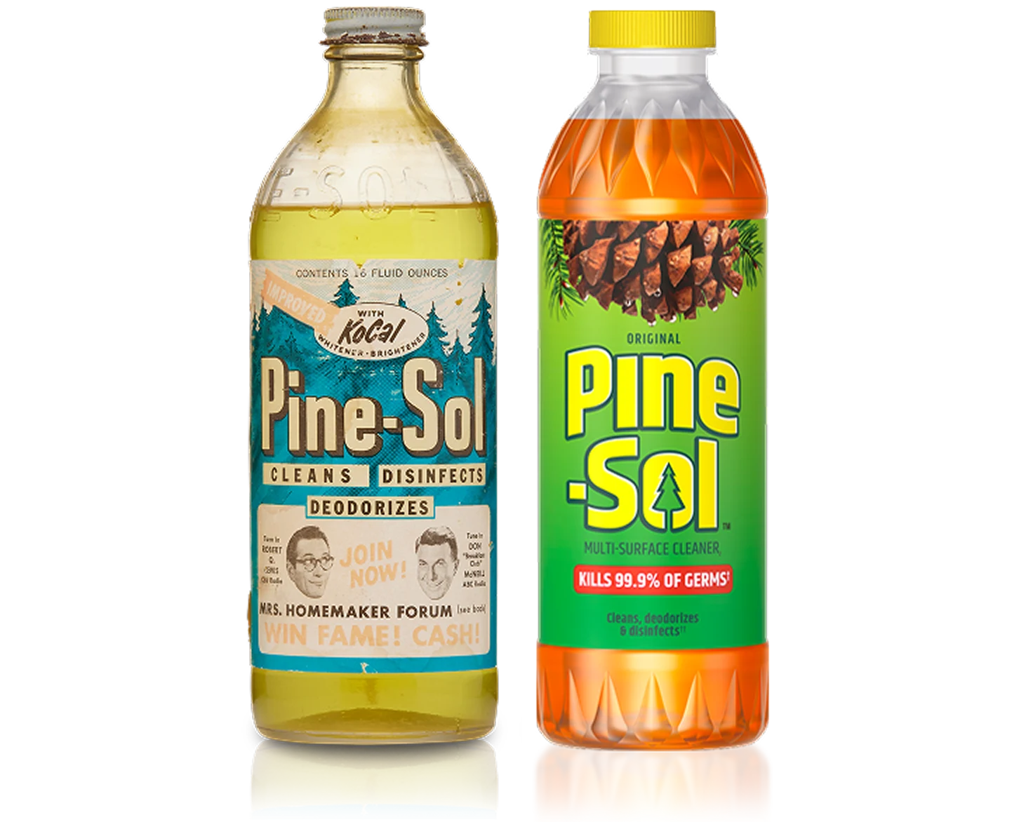 1957 vintage bottle of Pine-Sol next to bottle of current Pine-Sol Original Pine cleaner.