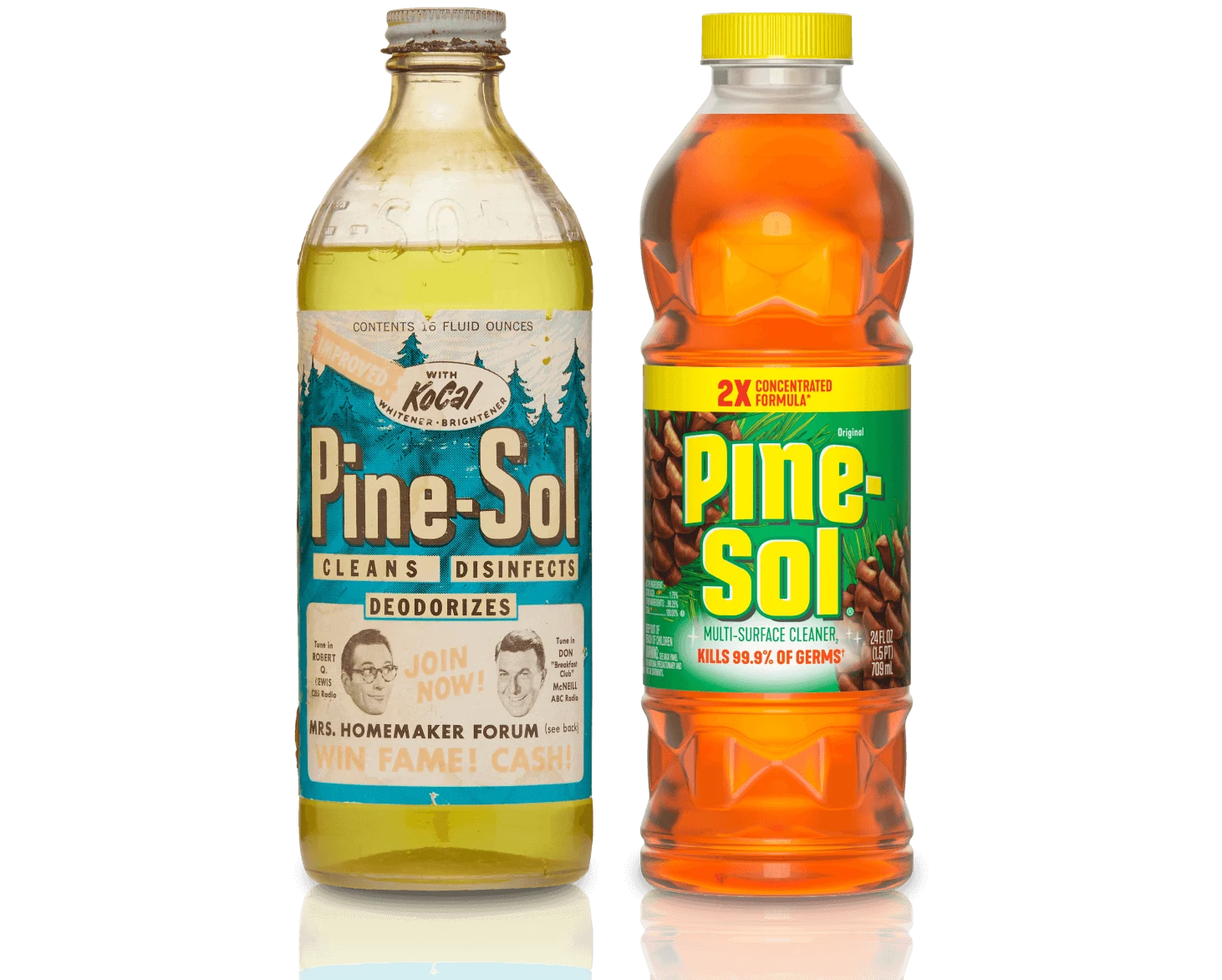 Botella vintage de Pine-Sol de 1957 junto a una botella del limpiador actual Pine-Sol Original Pine.