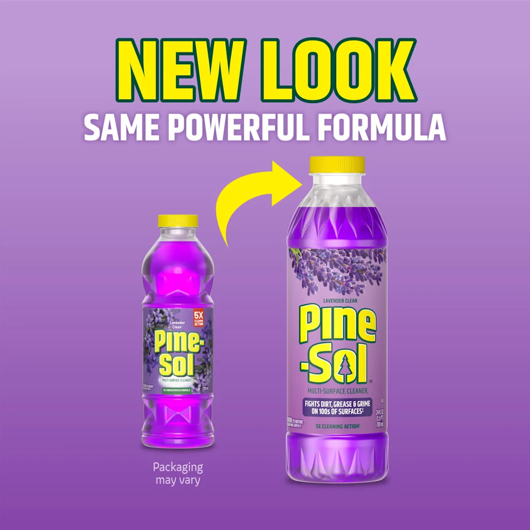 Two bottles of Lavender Clean Pine-Sol showing the transition from the old look to the new