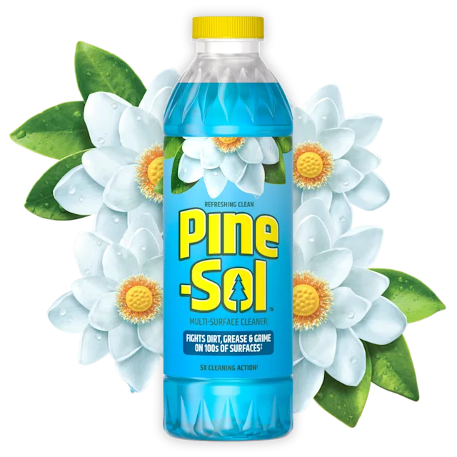 Bottle of Pine-Sol Refreshing Clean cleaner with white flower blossoms in background.