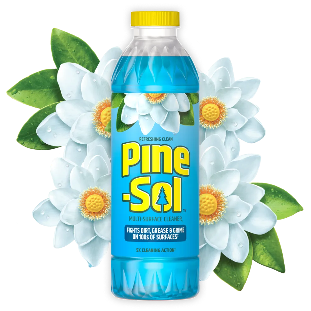 Bottle of Pine-Sol Refreshing Clean cleaner with white flower blossoms in background.