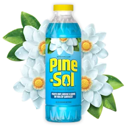 Bottle of Pine-Sol Refreshing Clean cleaner with white flower blossoms in background.