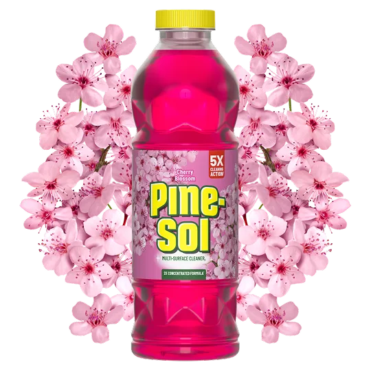 Bottle of Pine-Sol cleaner, Cherry Blossom scent, cherry blossoms in background.