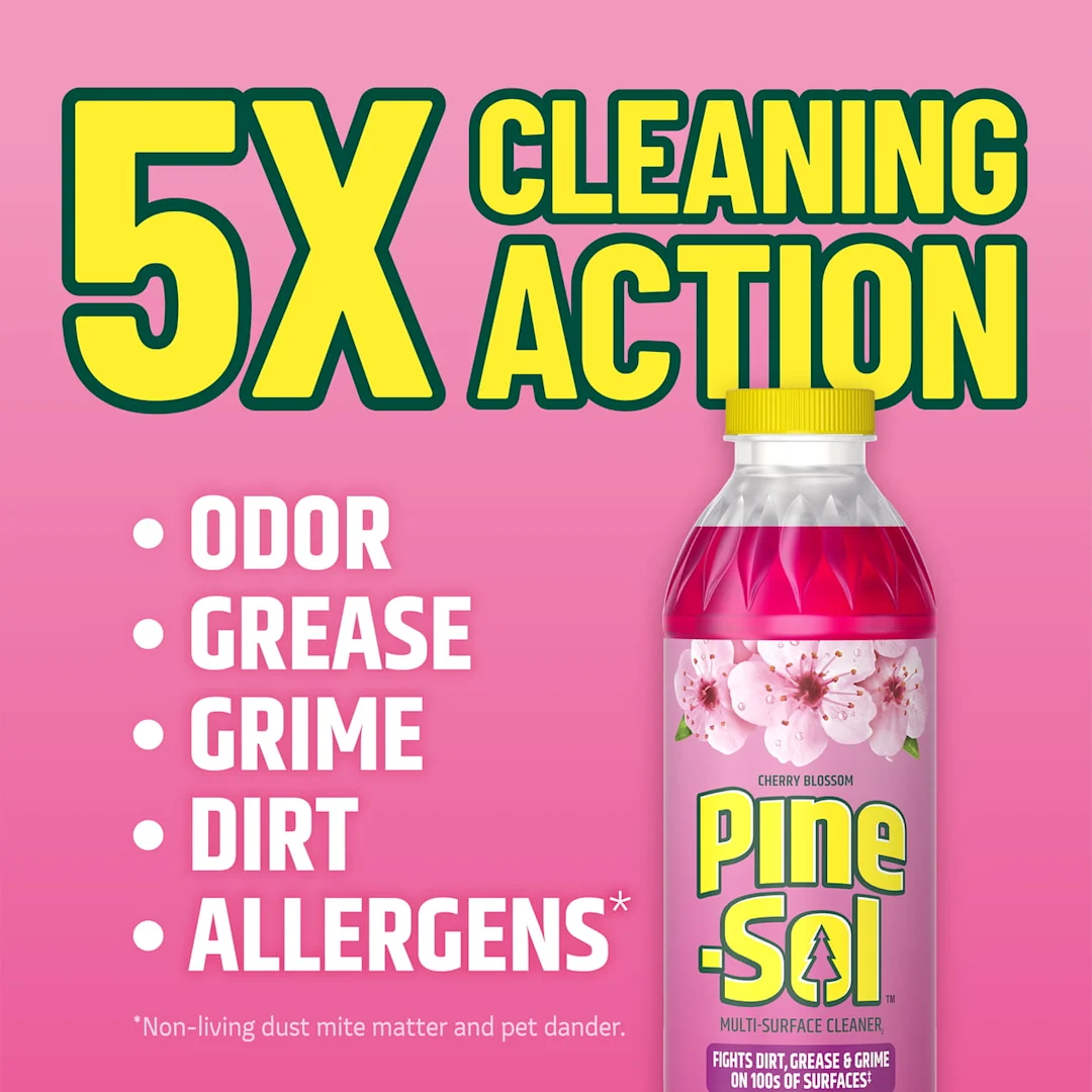 The words 5X Cleaning Action: Odor, Grease, Grime, Dirt, Allergens, on a pink background