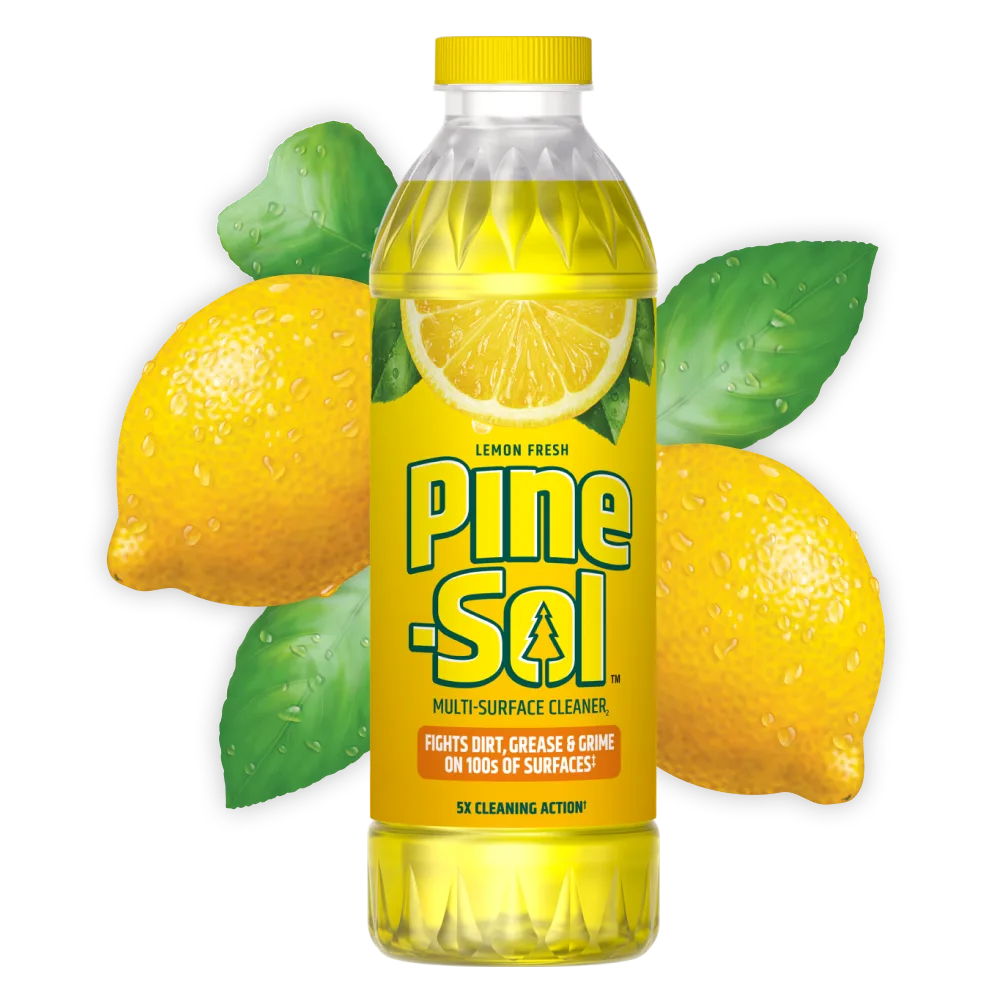 Bottle of Pine-Sol Lemon Fresh multi-surface cleaner, lemons in background.