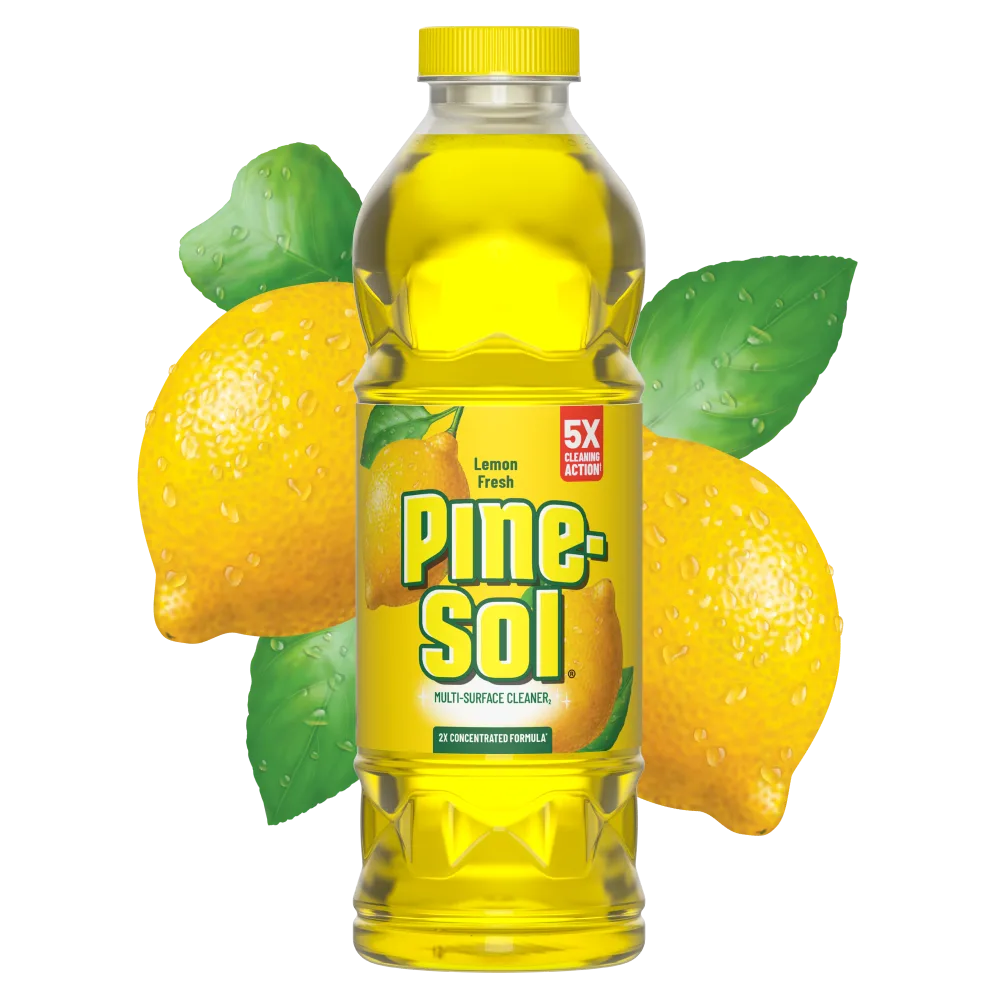 Bottle of Pine-Sol Lemon Fresh multi-surface cleaner, lemons in background.