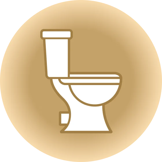 White toilet with yellow sparkles on a beige circular background, representing cleanliness and hygiene.