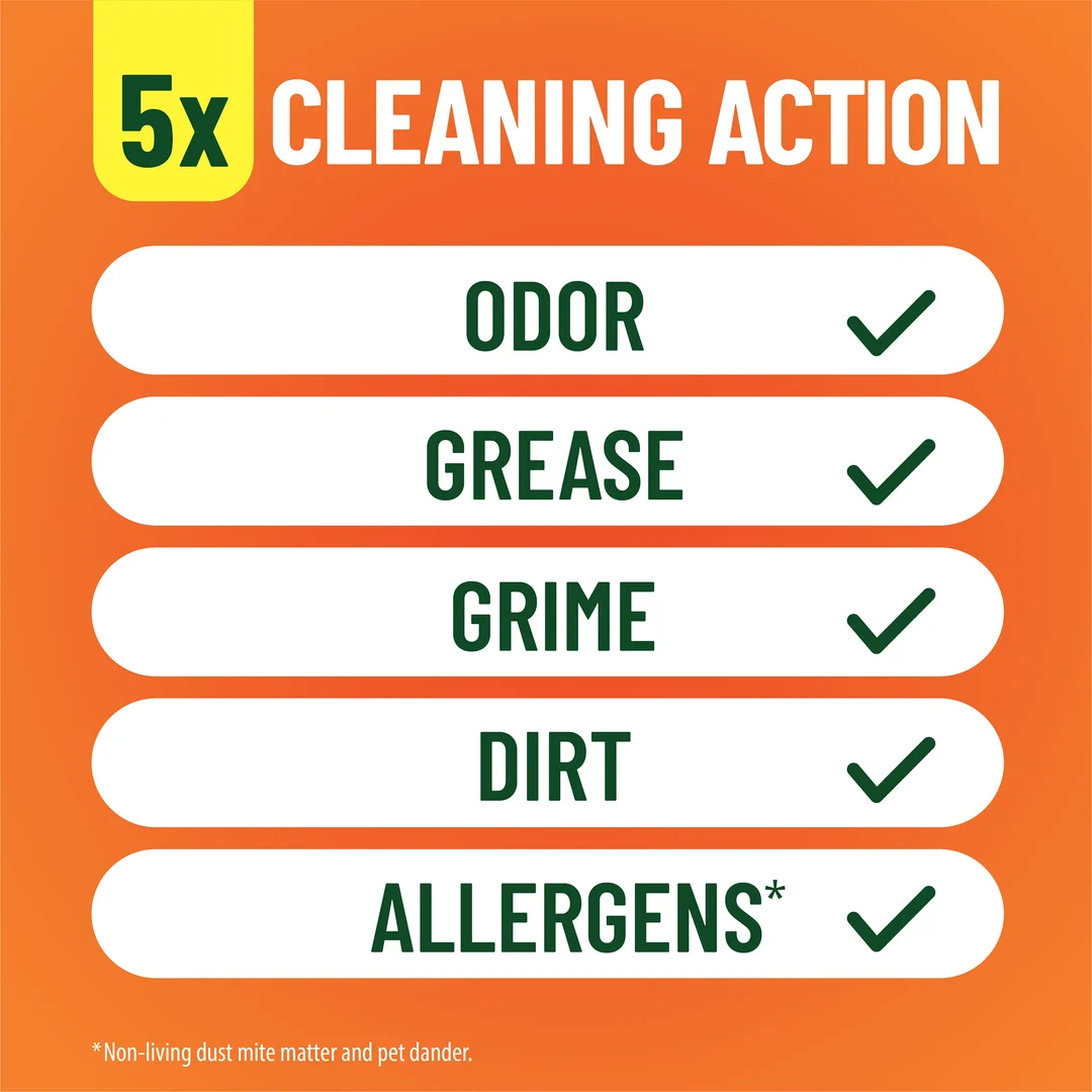 The words 5x CLEANING ACTION and a checklist of 5 things our product cleans
