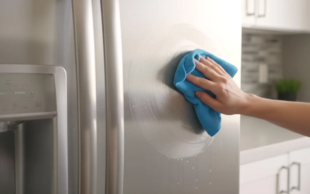 Una mano limpiando un refrigerador de acero inoxidable con un paño de microfibra azul. 