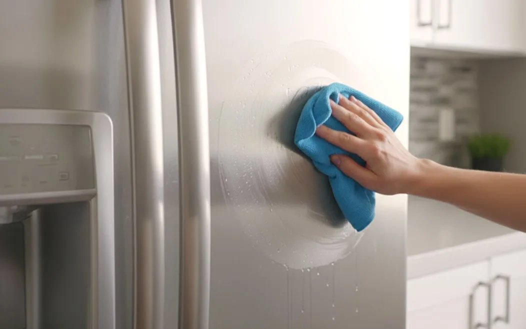 A hand wiping a stainless steel refrigerator with a blue microfiber cloth