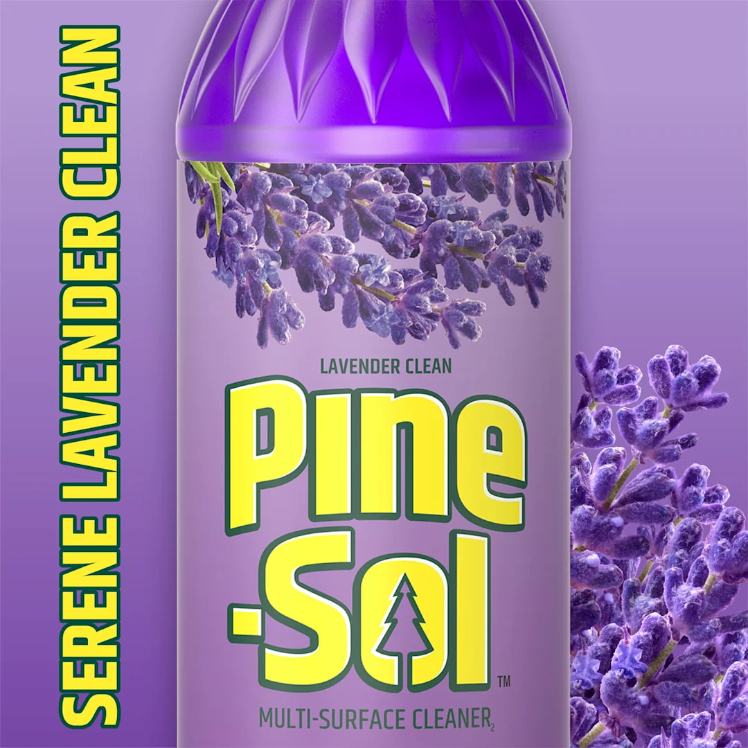 The words Serene Lavender Clean on a purple background with lavender flowers on the edges