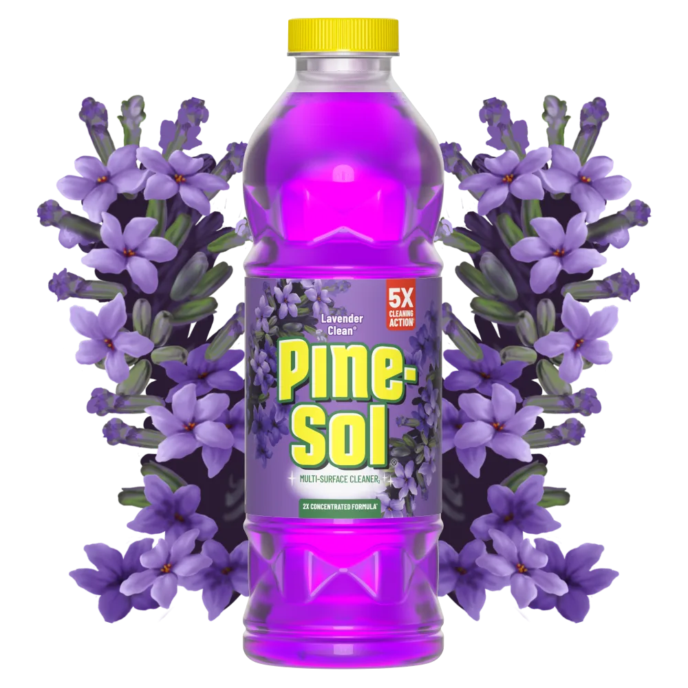 Bottle of Pine-Sol Lavender Cleaner cleaner with lavender in background.