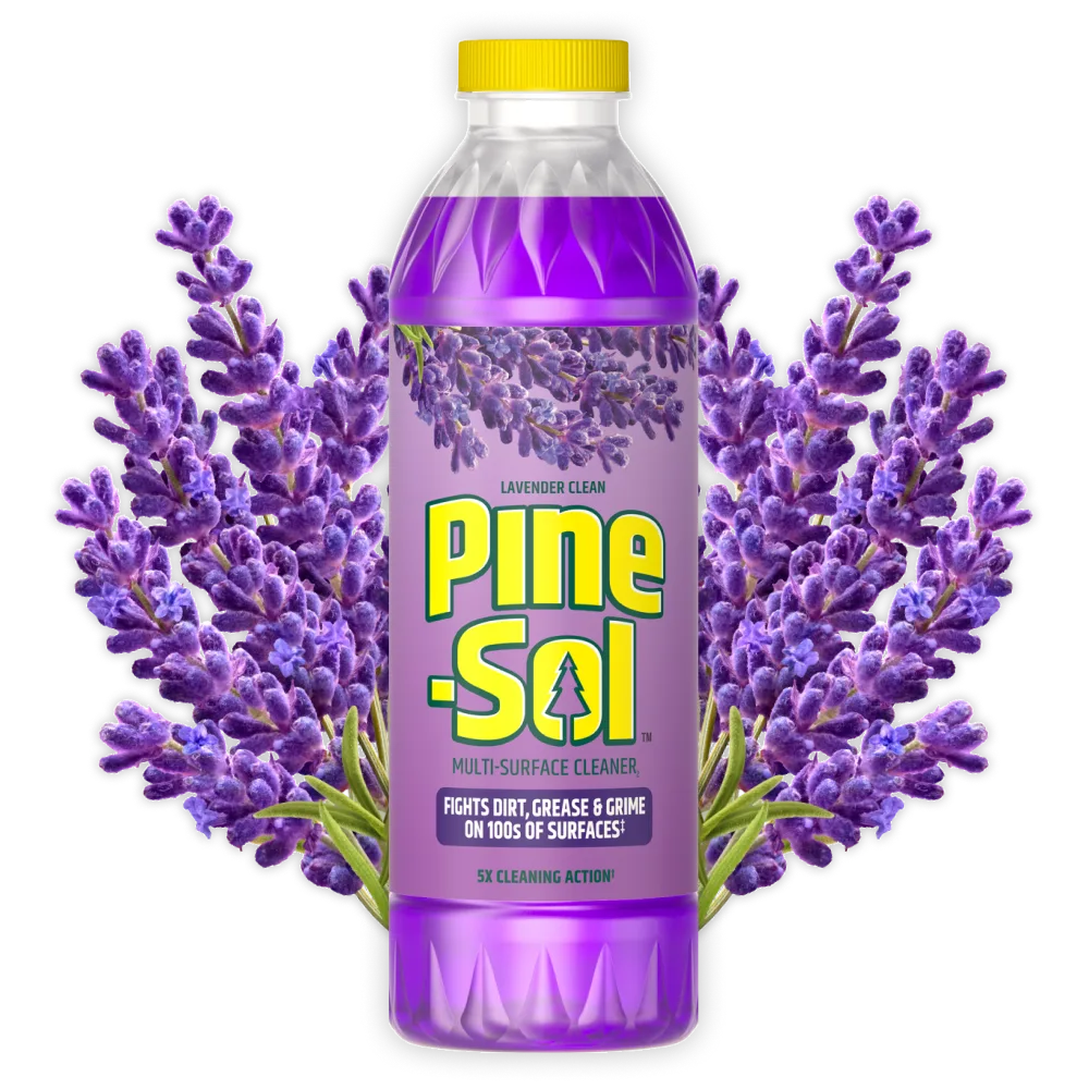 Bottle of Pine-Sol Lavender Cleaner cleaner with lavender in background.