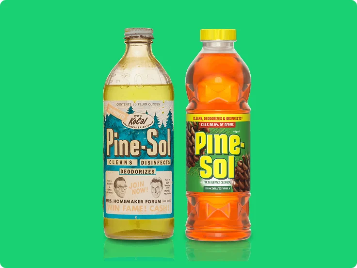 Vintage Pine-Sol bottle next to current Pine-Sol Original Pine bottle, on green background.