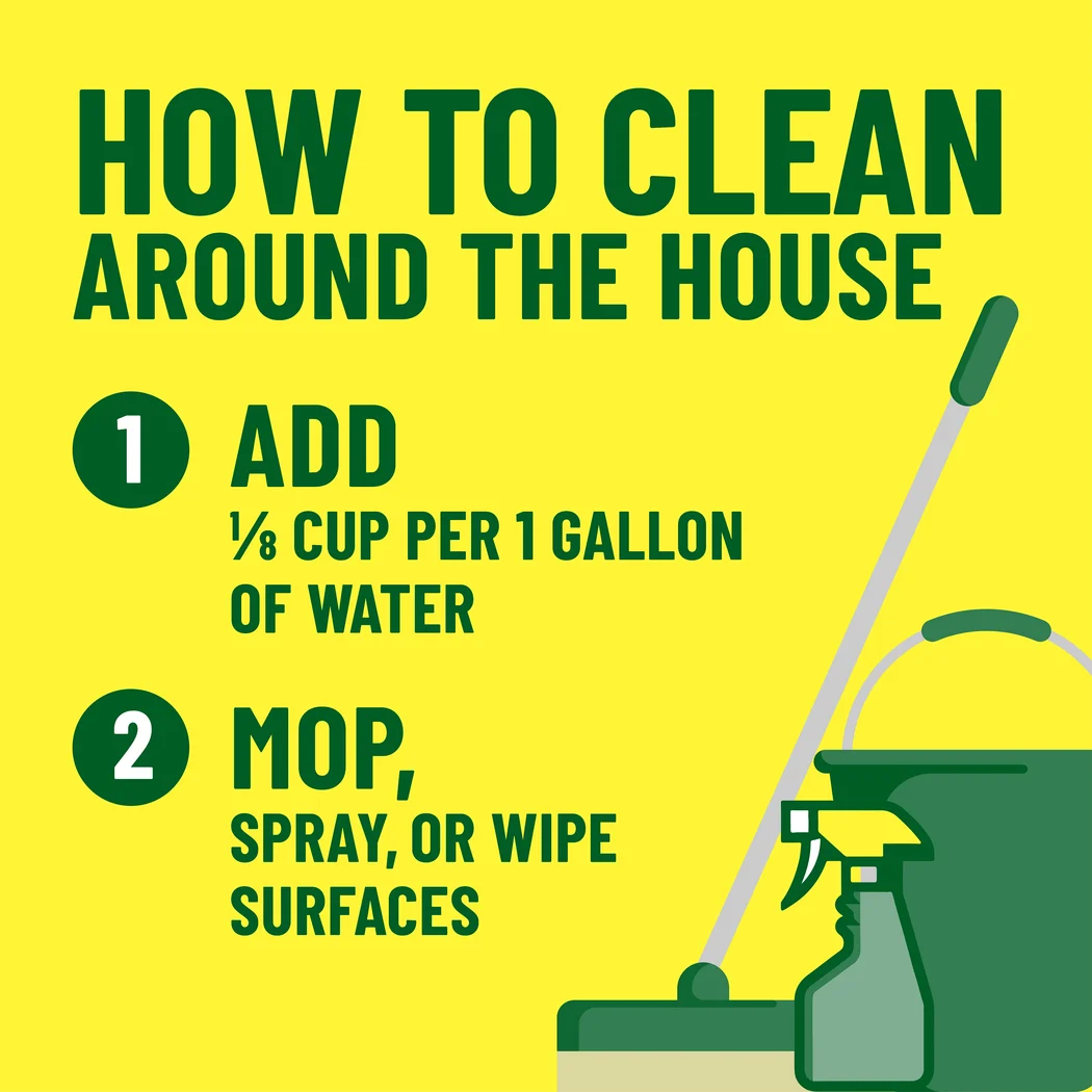 Green words: How to Clean around the house, add 1/8 cup per 1 gallon of water, mop, spray or wipe surfaces on yellow background