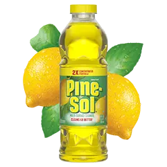 Botella de limpiador multisuperficies Pine-Sol Lemon Fresh, limones en el fondo.