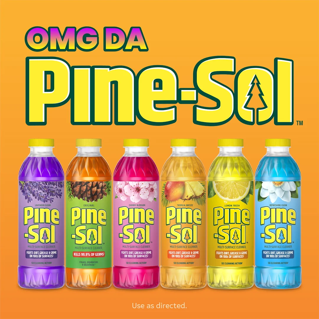 Las palabras OMG DA PINE PINE-SOL con una dosis familiar de 6 productos