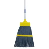 Yellow and gray broom with plastic bristles and white handle for indoor cleaning.