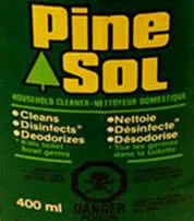 Pine-Sol vintage label from 1988 in English and French: Cleans, Disinfects, Deodorizes. Nettoie, Desinfecte, Desodorize