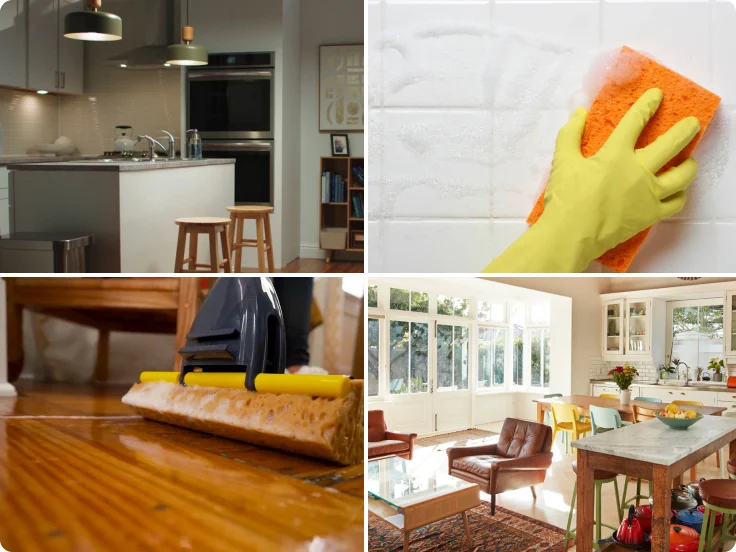 Collage of home cleaning scenes: tidy kitchen, scrubbing tile with sponge, mopping hardwood floor, sunlit living room.