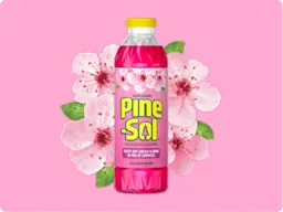 Bottle of Pine-Sol Cherry Blossom cleaner with cherry blossoms in background, on pink gradient.