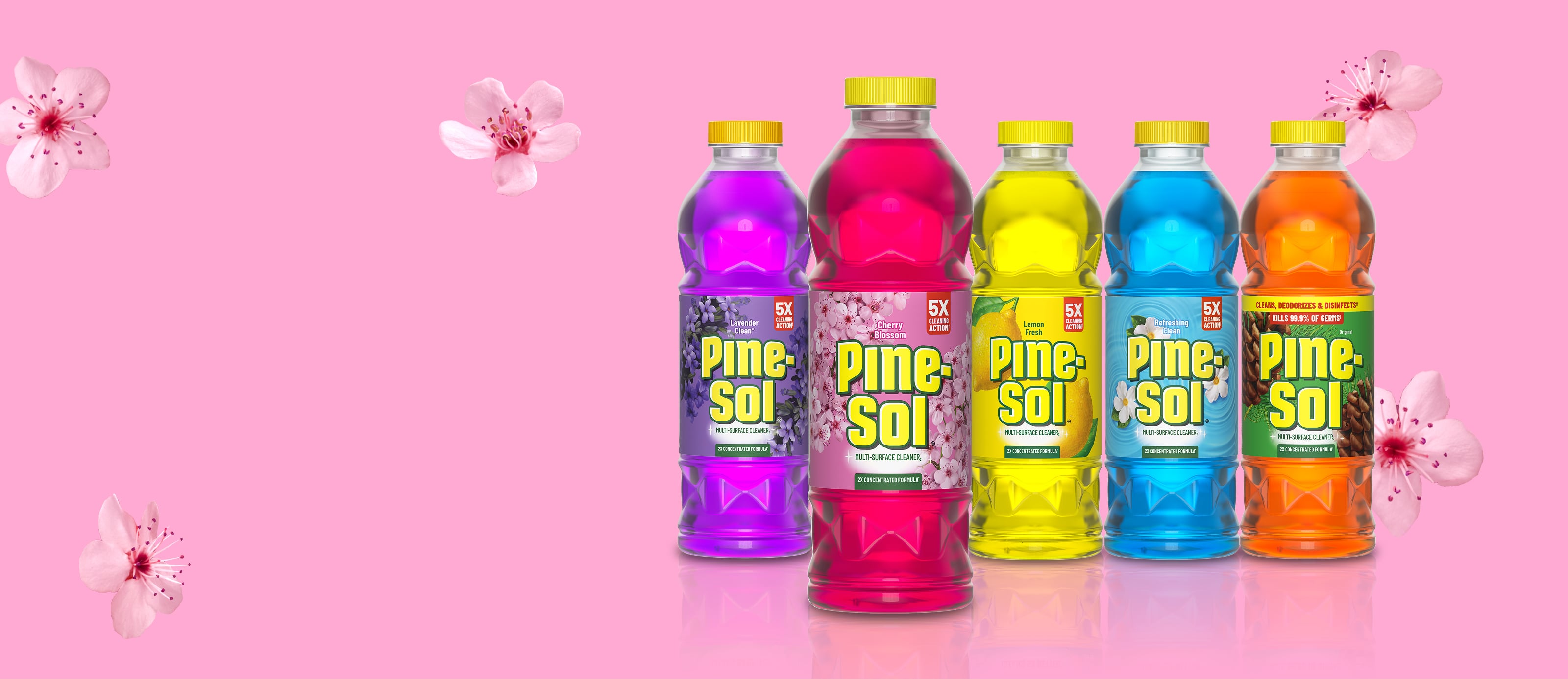 5 bottles of Pine-Sol cleaner in different scents, cherry blossoms on pink gradient background. New Cherry Blossom.