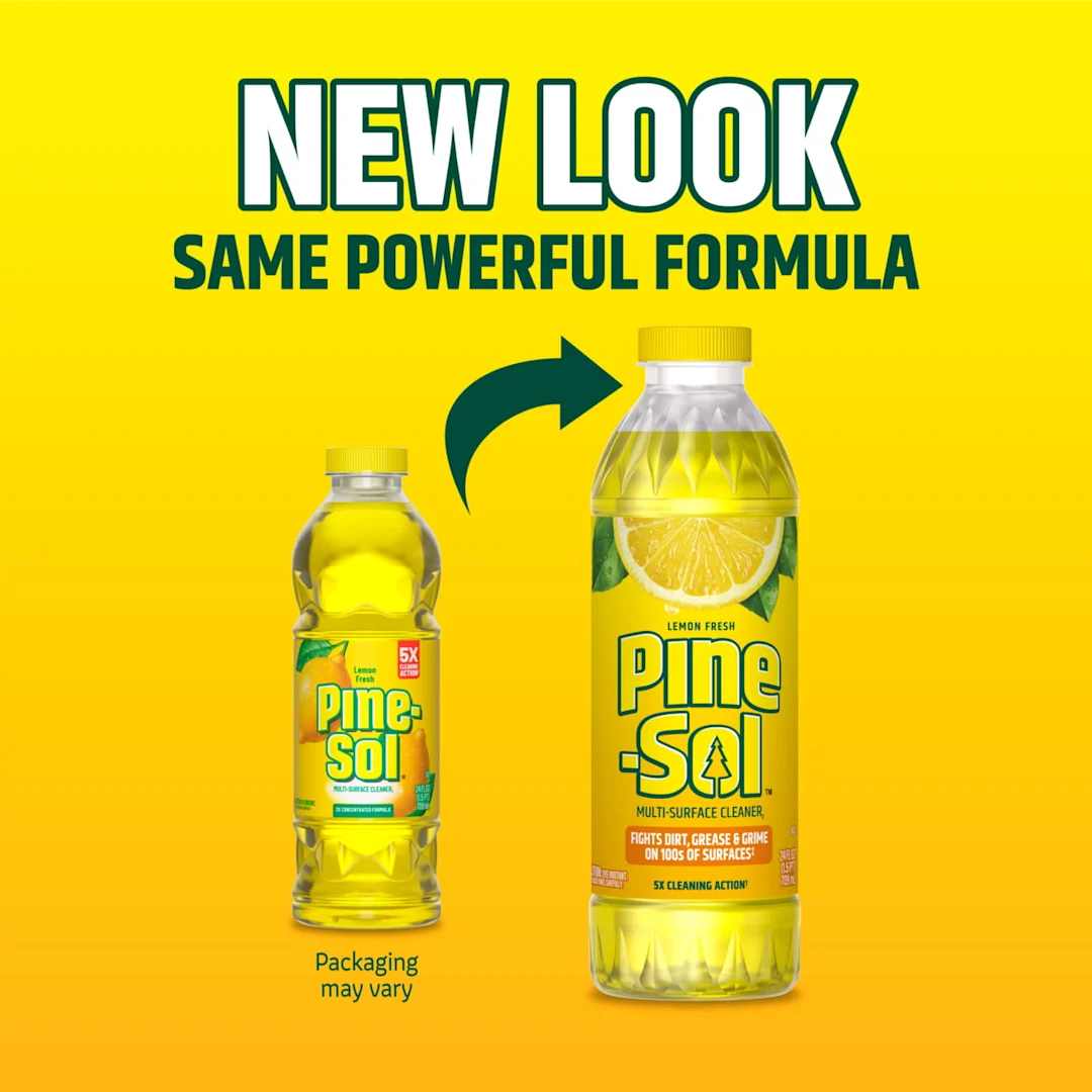Old and new bottles of Lemon Fresh Pine-Sol multi-surface cleaner, with arrow pointing to new bottle.