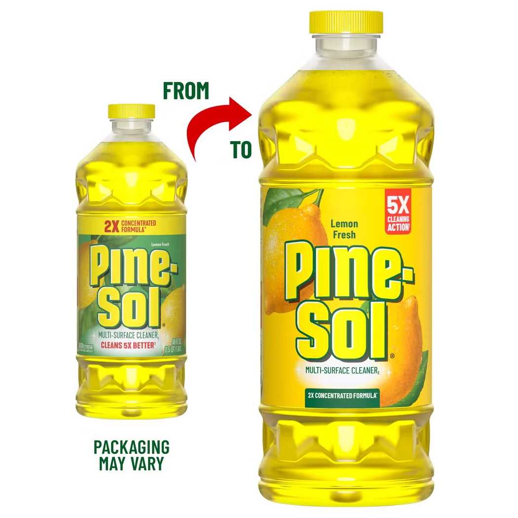 Old and new bottles of Lemon Fresh Pine-Sol multi-surface cleaner, with arrow pointing to new bottle.