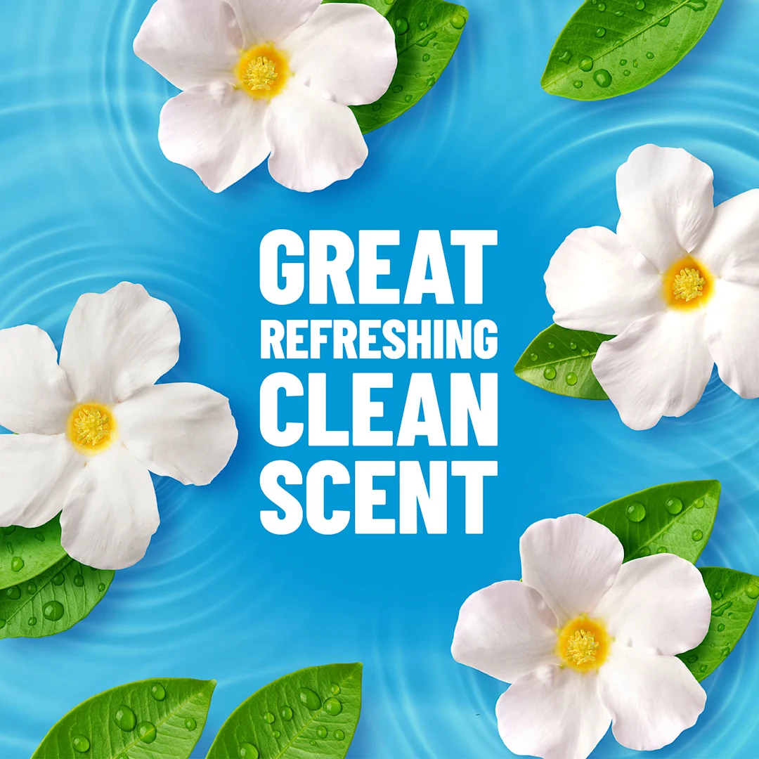 Las palabras Great Refreshing Clean Scent sobre un fondo azul con flores blancas en los bordes.