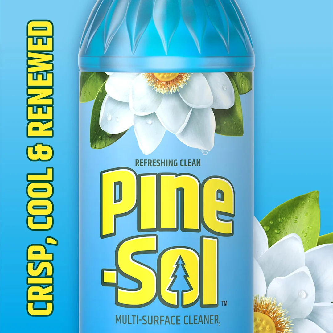 The words Crisp, Cool & Renewed on a blue background with white flowers on the edges
