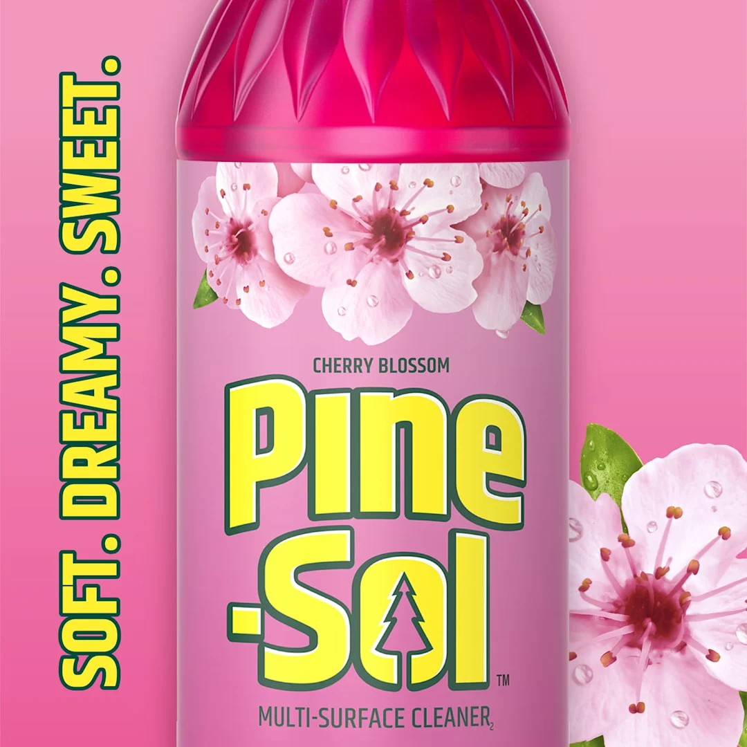 Las palabras Soft. Dreamy. Sweet. sobre un fondo rosa con flores de cerezo en los bordes.