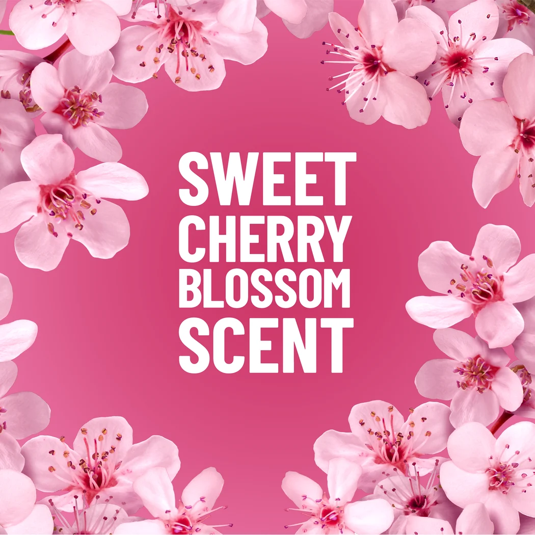 The words Sweet Cherry Blossom Scent on a pink background with cherry blossoms on the edges