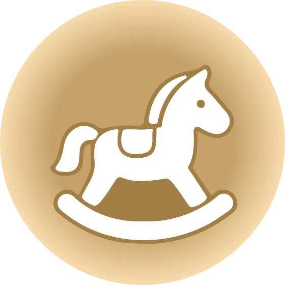 White rocking horse icon with yellow stars on a tan circular background