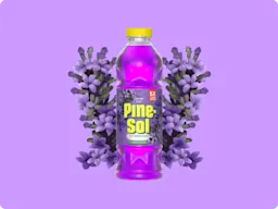 Bottle of Pine-Sol Lavender Clean cleaner, lavender sprigs on purple gradient background.