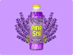 Bottle of Pine-Sol Lavender Clean cleaner, lavender sprigs on purple gradient background.