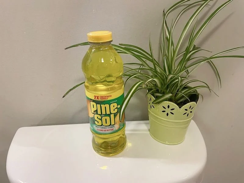 Botella de limpiador Pine-Sol Lemon Fresh sobre una mesa blanca junto a una planta araña en una maceta verde claro.
