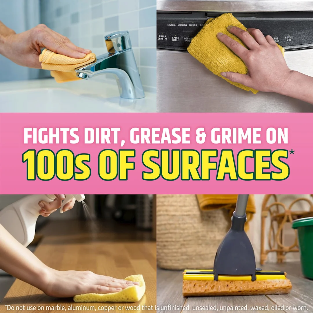 4 panels depicting surfaces that can be cleaned by Pine-Sol cleaners: sink, appliances, wooden tables, floors