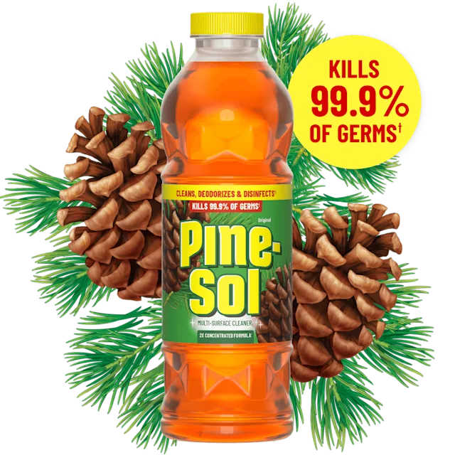 Bottle of Pine-Sol Original multi-surface cleaner with pine cones in background, kills 99.9% of germs.
