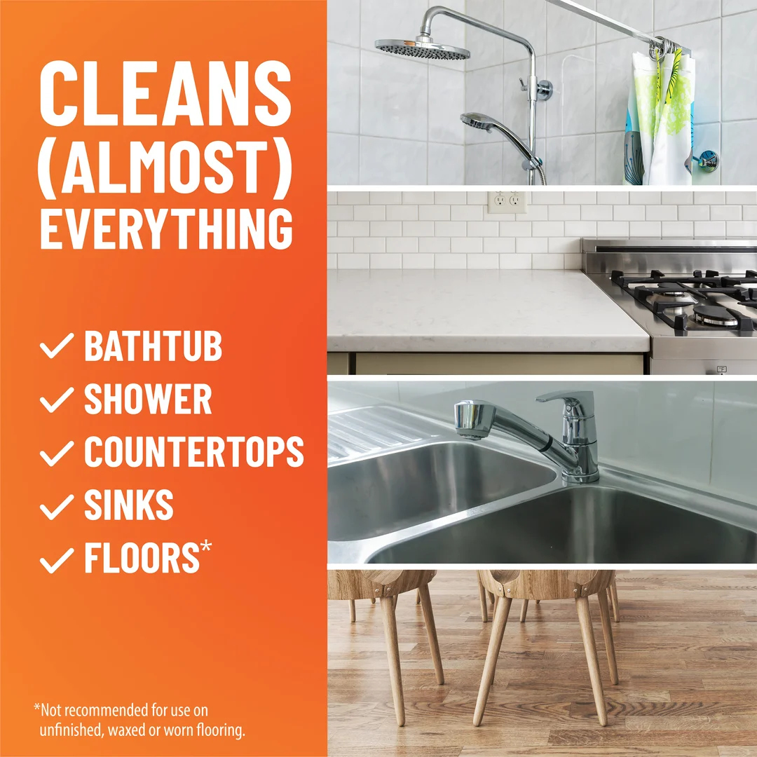 The words CLEANS (ALMOST) EVERYTHING and a checklist of surfaces and 4 surface images