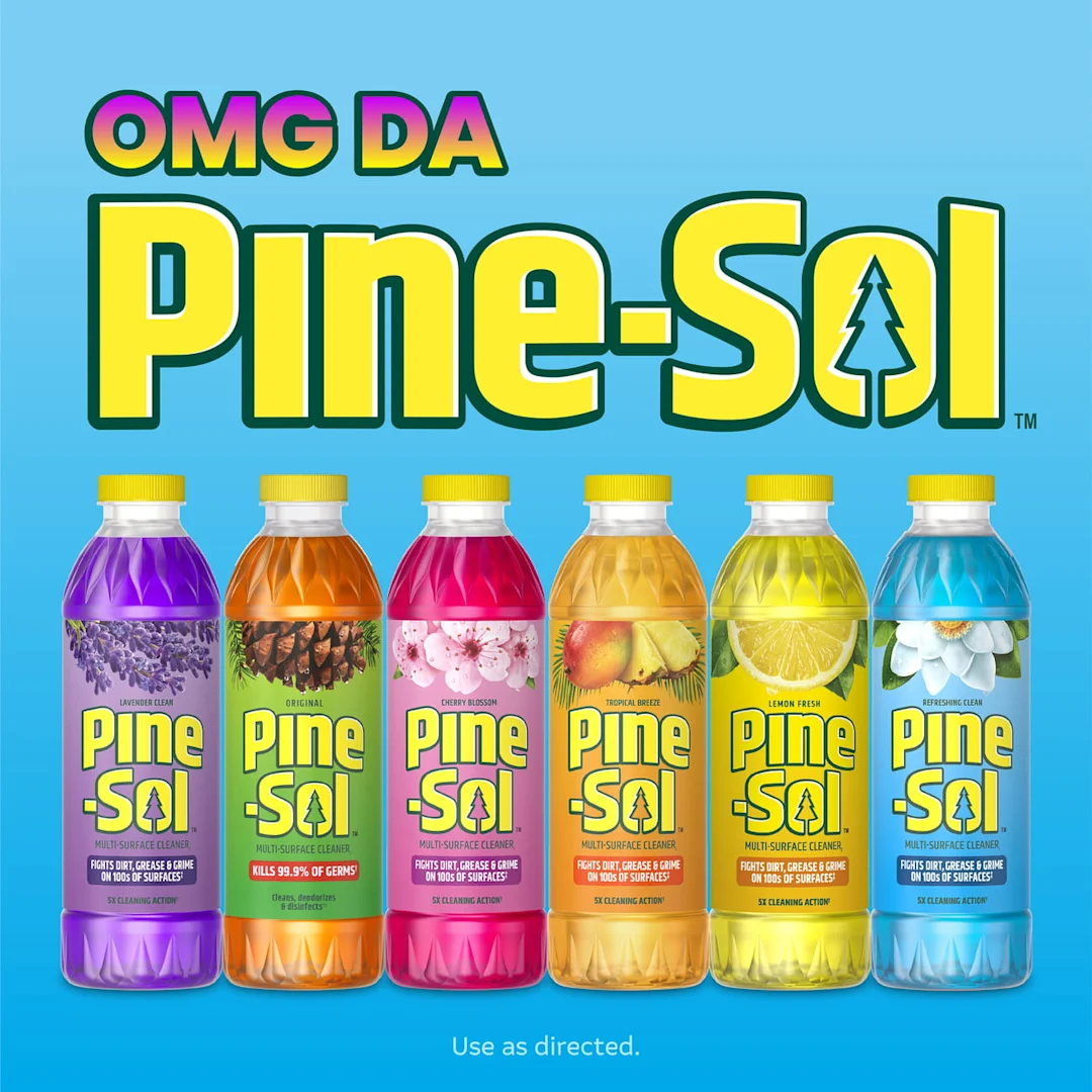 A line-up of 6 Pine-Sol bottles and the words OMG DA PINE-SOL