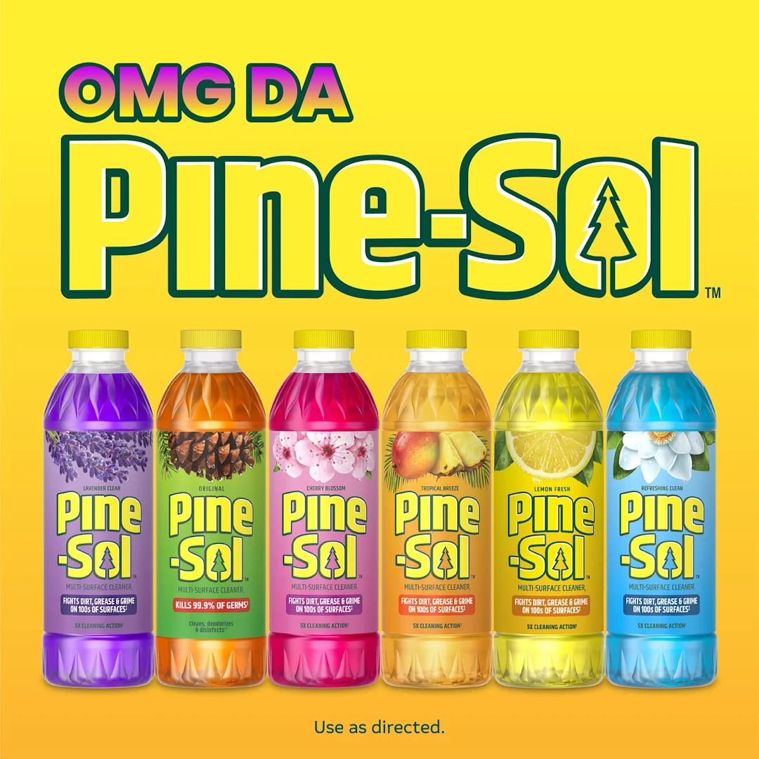 6 bottles of Pine-Sol and the words OMG DA PINE
