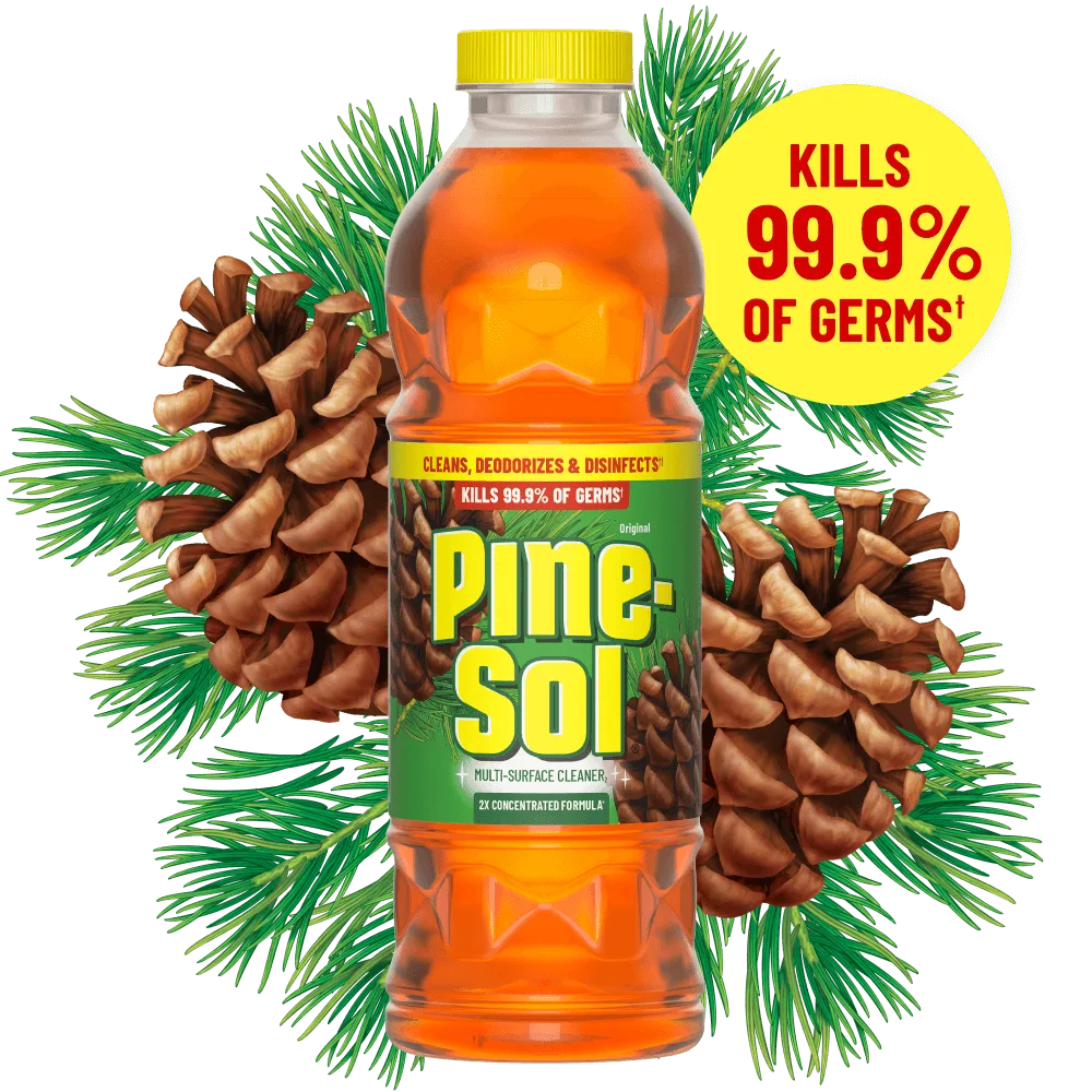 bottle of Pine-Sol Original multi-surface cleaner with pine cones in background, kills 99.9% of germs.