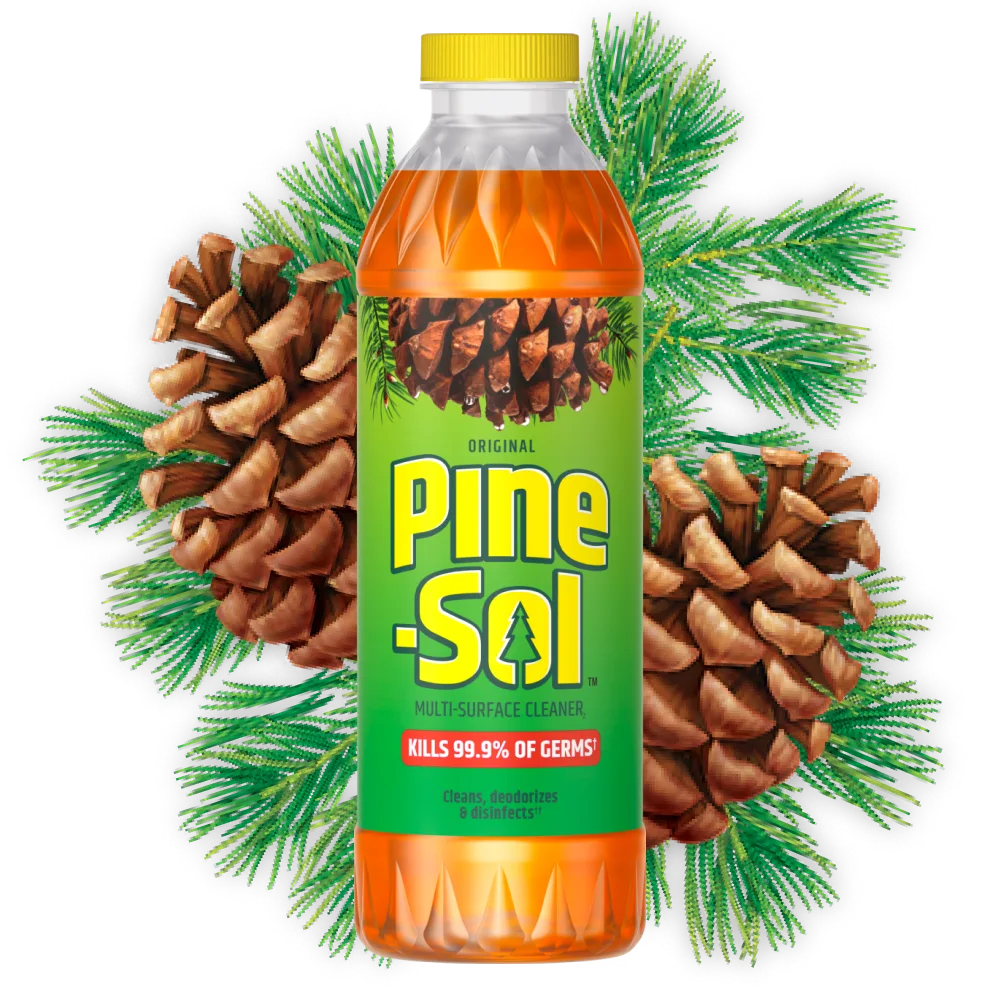bottle of Pine-Sol Original multi-surface cleaner with pine cones in background, kills 99.9% of germs.