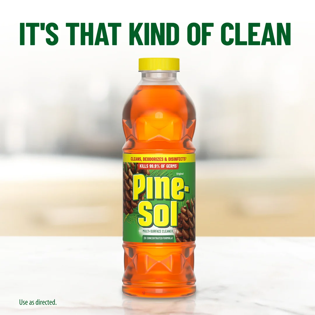 The words It's That Kind of Clean over a bottle of Pine-Sol Disinfecting Cleaner