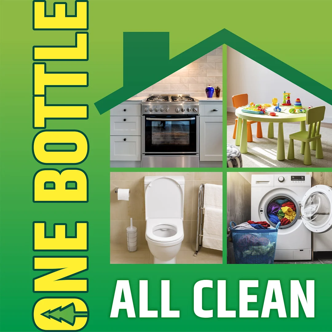 The words One Bottle All Clean with a house depicting different surfacese