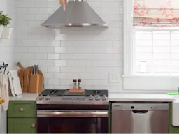 Modern kitchen with green cabinets, stainless appliances, white tile backsplash, and red-patterned window shade.