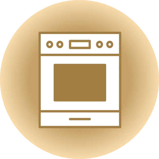 Icon of a clean oven with yellow sparkles on the glass door, indicating cleanliness and shine on a beige circular background.