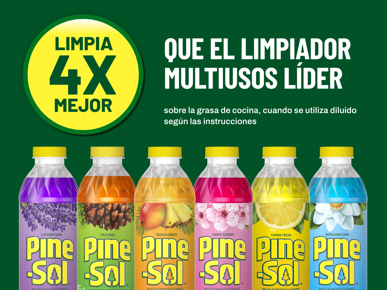 Variedad de productos Pine-Sol sobre un fondo verde con las palabras "Limpia 4 veces mejor que el limpiador multiusos líder".
