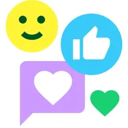 Trío de iconos de emoticonos, burbujas de diálogo de corazón y pulgares hacia arriba.