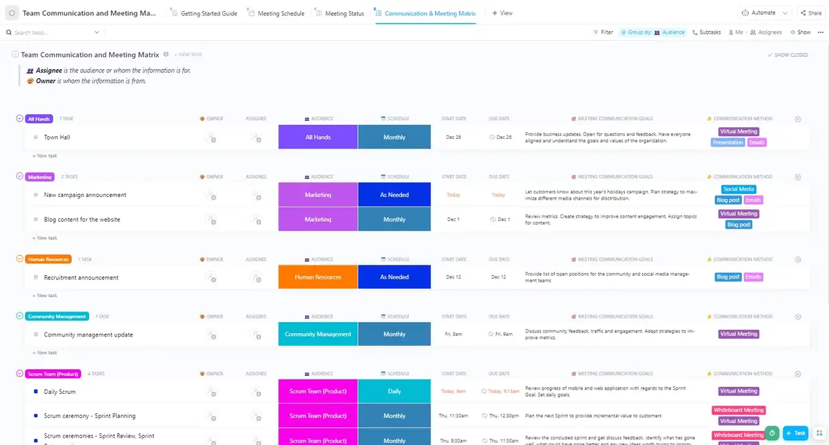 ClickUp team communication and meeting matrix template